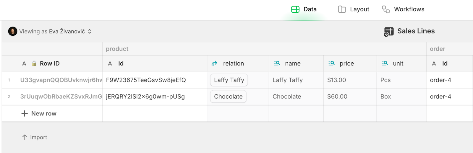 A Glide table, called Sales Lines, containing a relation based on product / id.