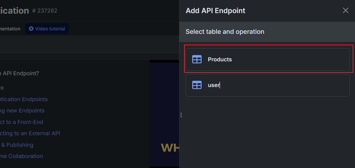 Prompt in Xano asking you to select the table and operations for which you'd like to create API endpoints. Here a table called Products is highlighted.