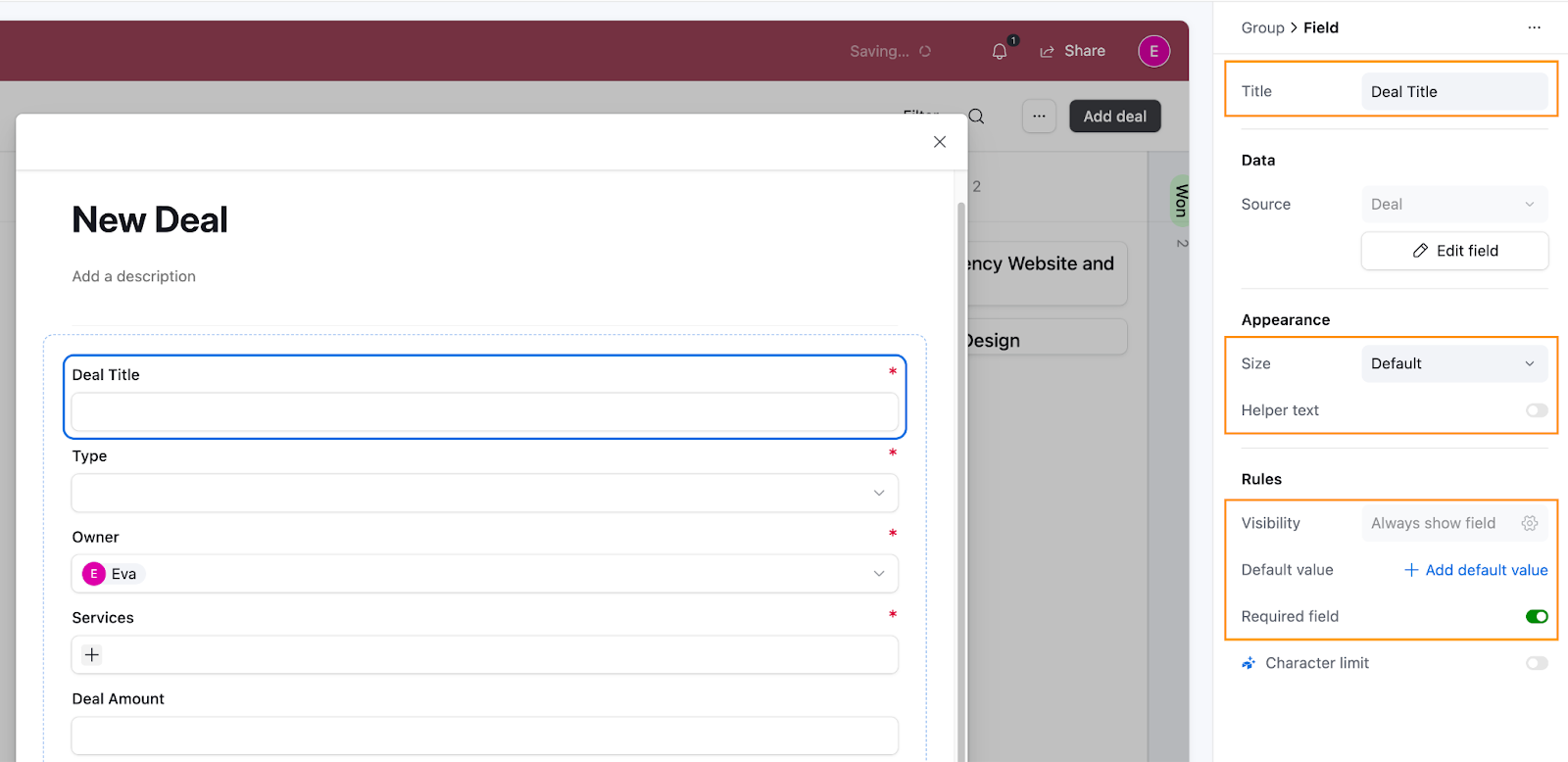 Airtable workspace showing a form called New Deal and the settings for a field called Deal Title.