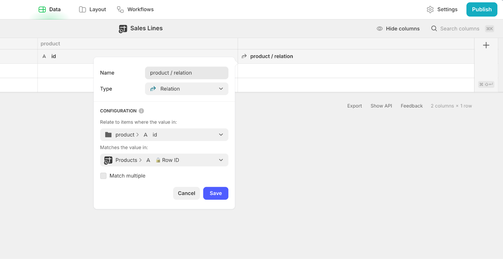 Adding a new Relation column, named product / relation, to a table called Sales Lines in Glide.