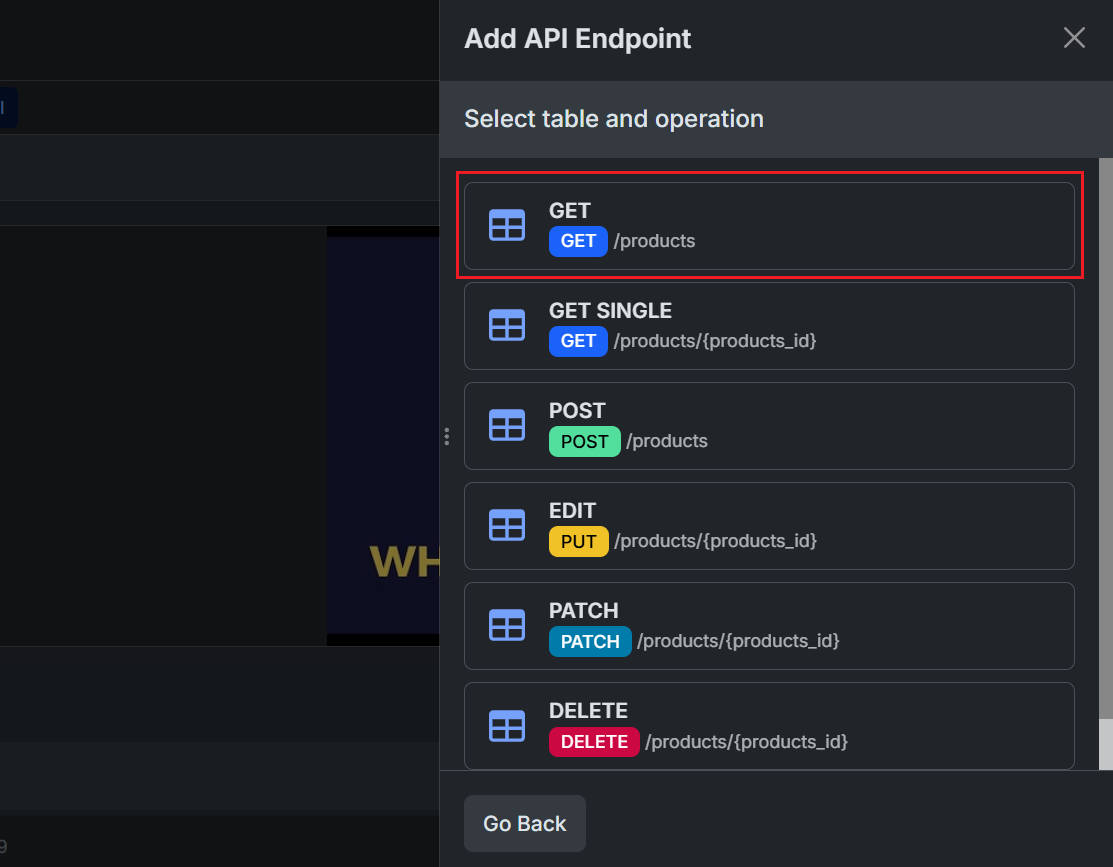 Prompt in Xano asking you to select the operation for which you'd like to create an endpoint. Here the option to get records from a table called products is highlighted.