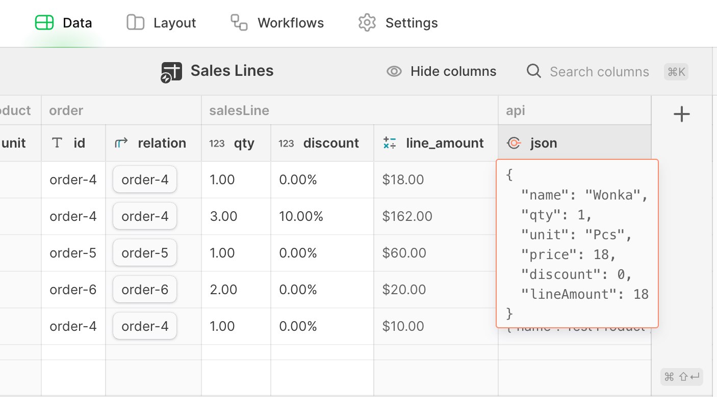 A section of a Glide database, highlighting a JSON Template column, called api / json.