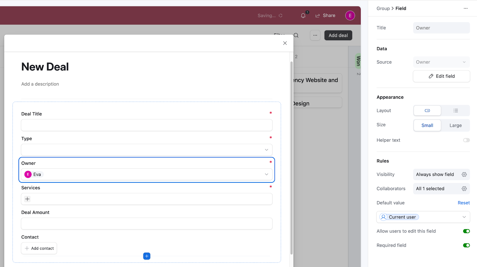 Airtable workspace showing a form called New Deal and the settings for a field called Owner.