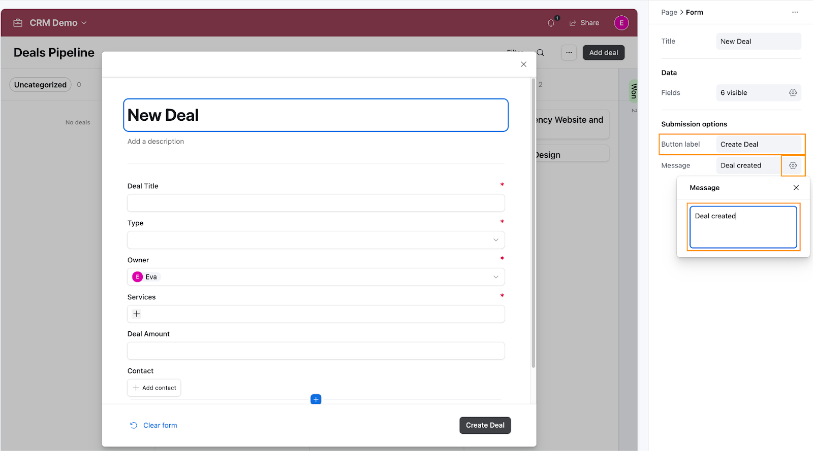 The Submission options in the Airtable form settings. Here the Button label is Create Deal and Message is set to Deal Created.