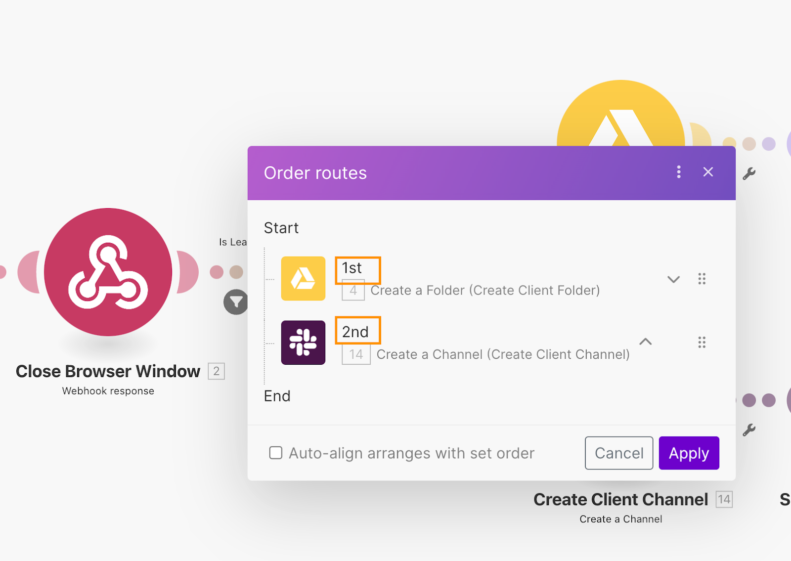 Setting up the execution order of routes in a Make scenario.