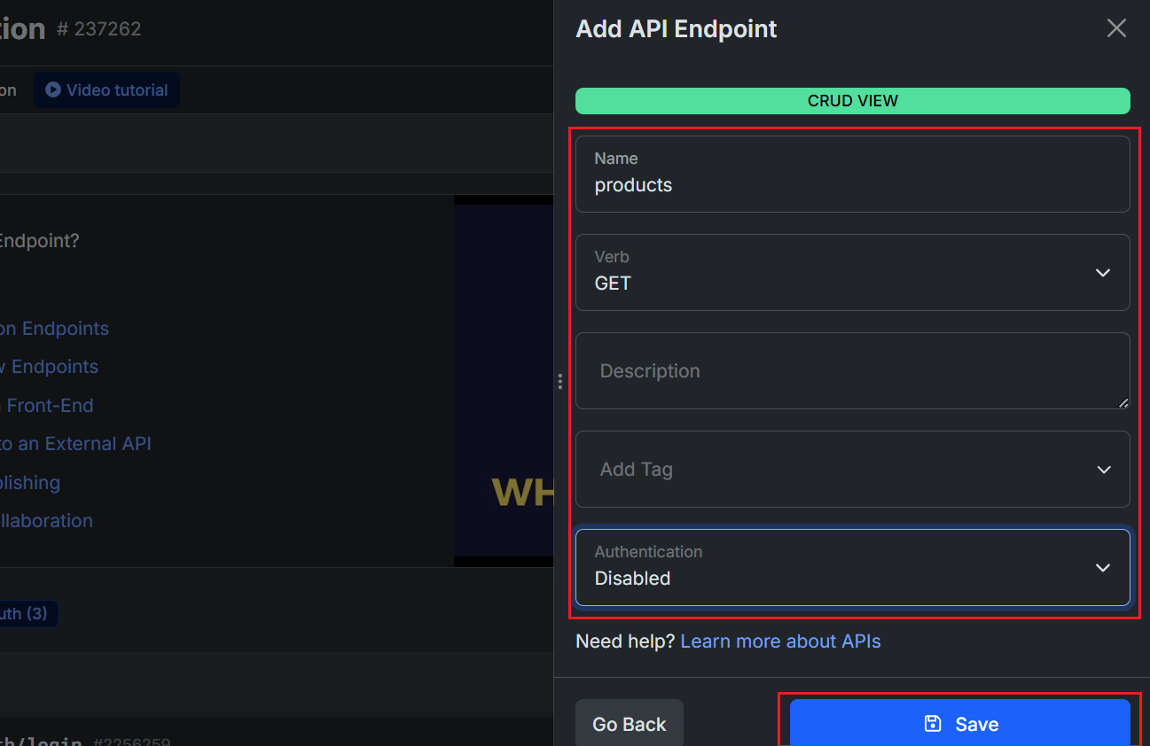 A setup prompt in Xano for adding an API Endpoint.