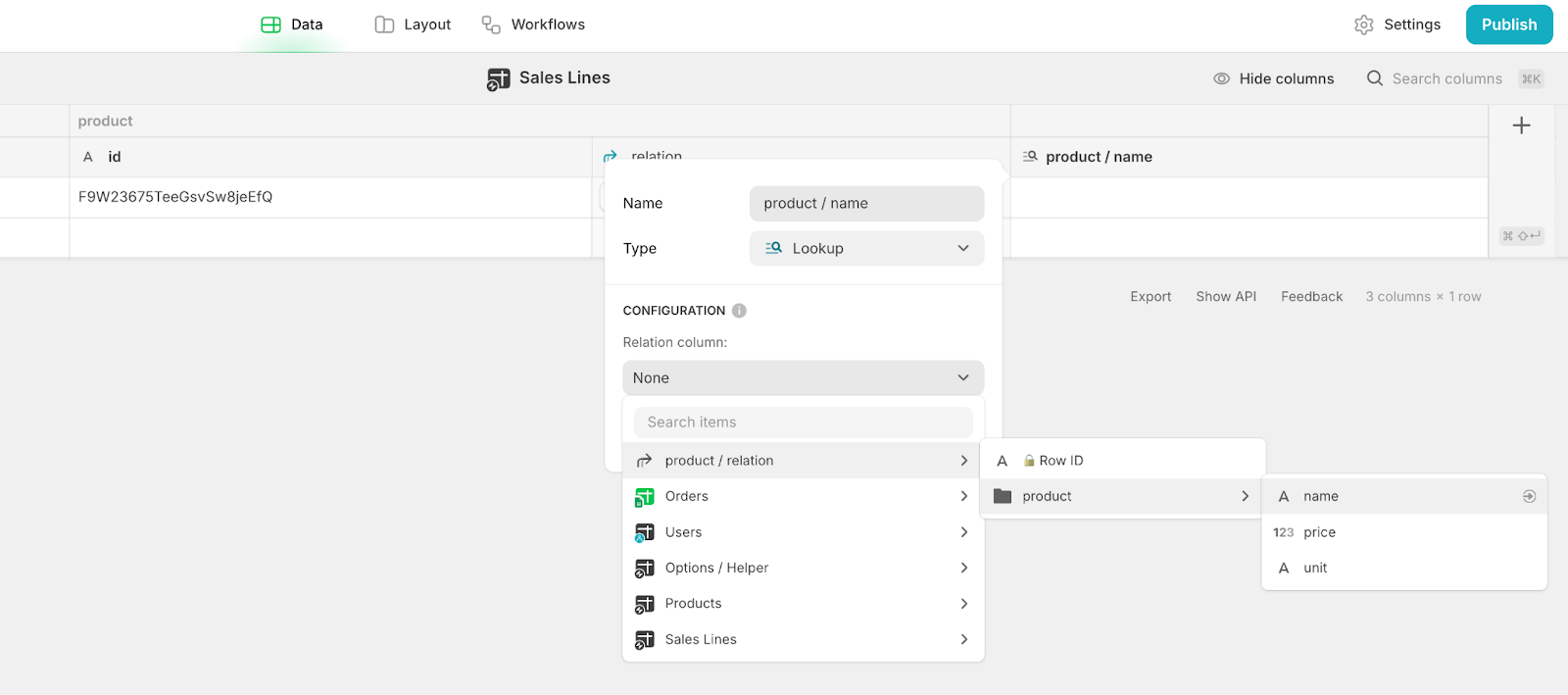 Adding a Lookup column to a Glide table.
