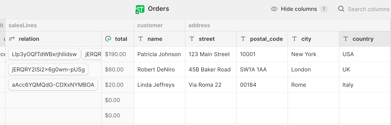 A section of a Glide database, called Orders, showing three main columns: salesLine, customer and address.