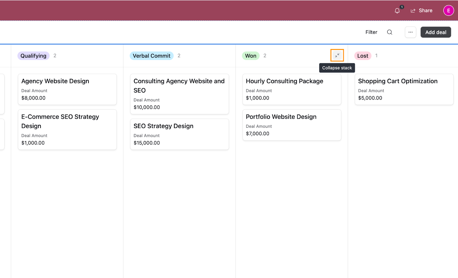 How to collapse a stack in a Kanban board in Airtable.