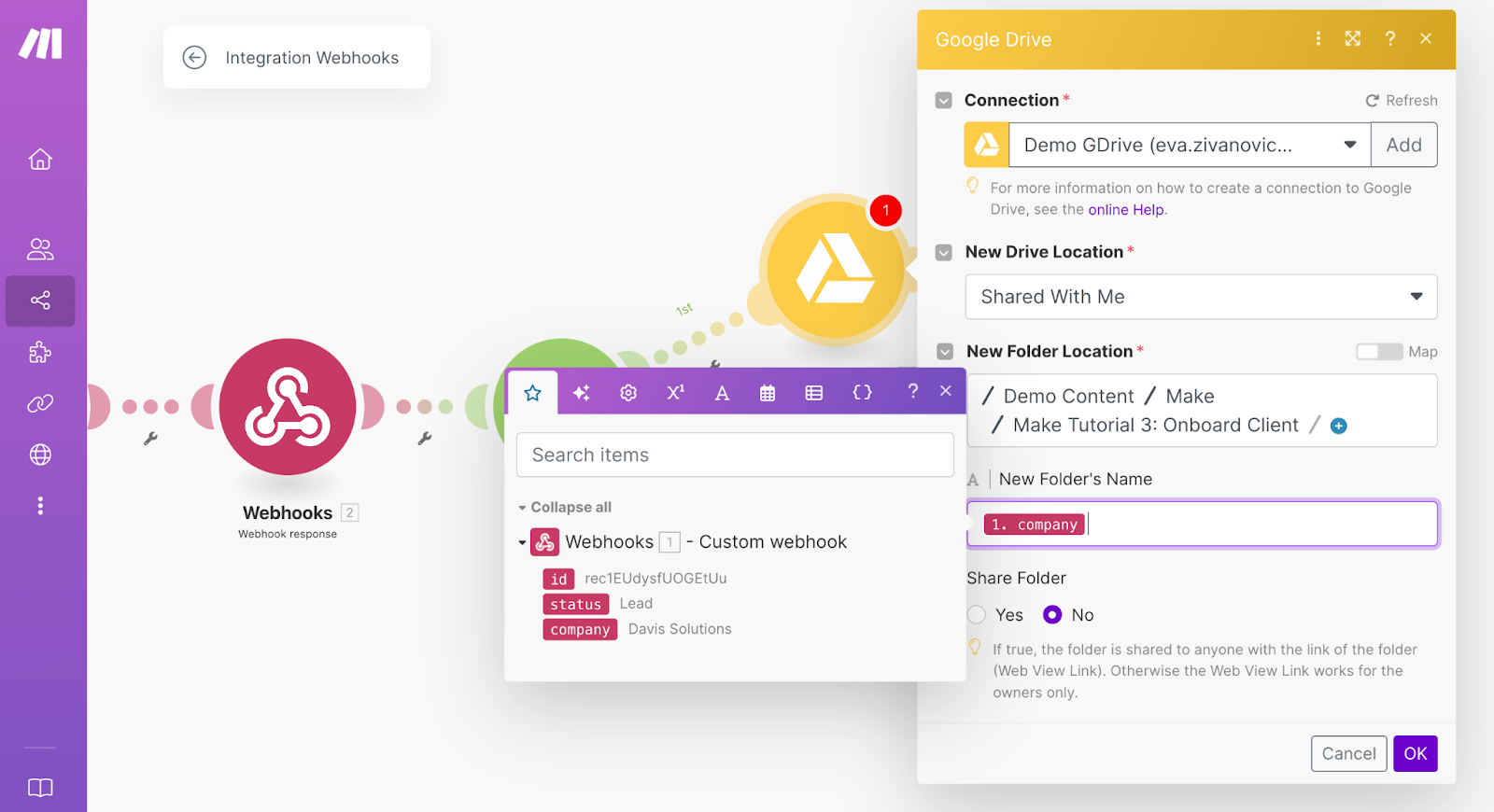 The settings modal for the Make module which creates a new folder in Google Drive.