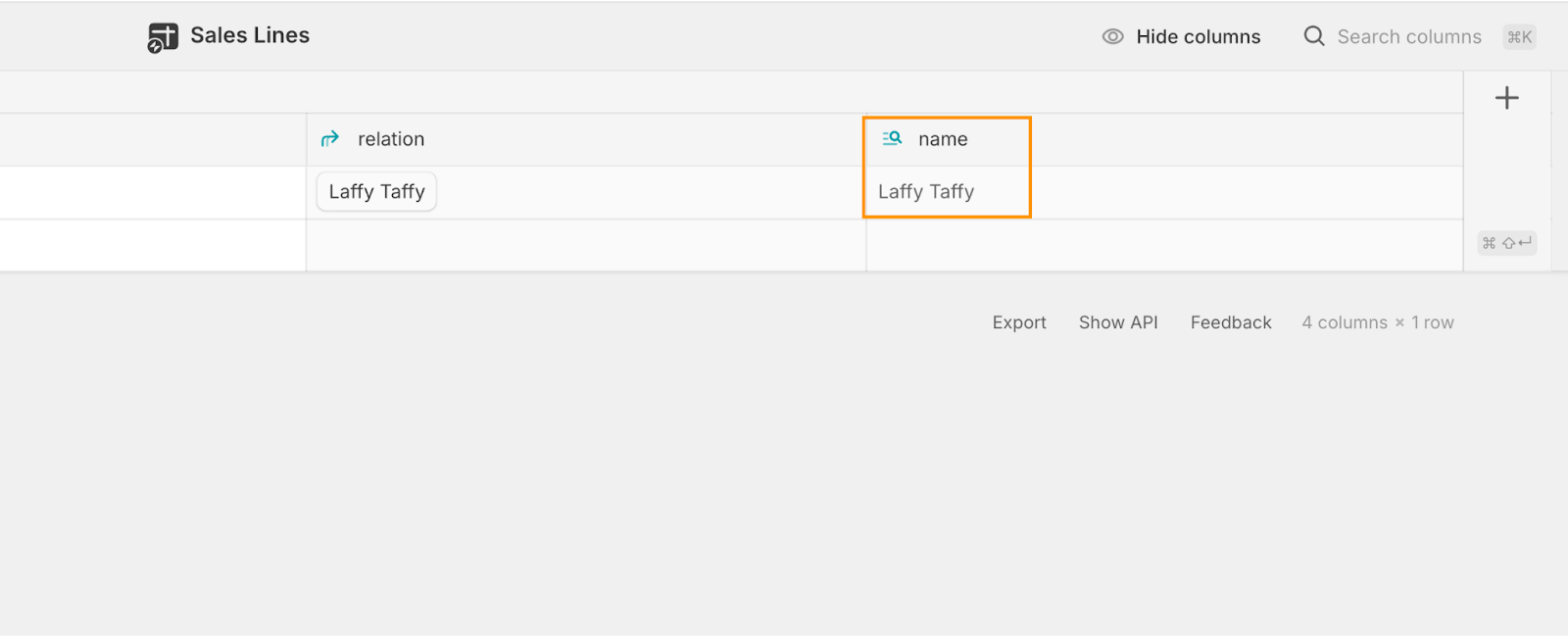 A Glide table, called Sales Lines, with the Lookup column, called name, highlighted.