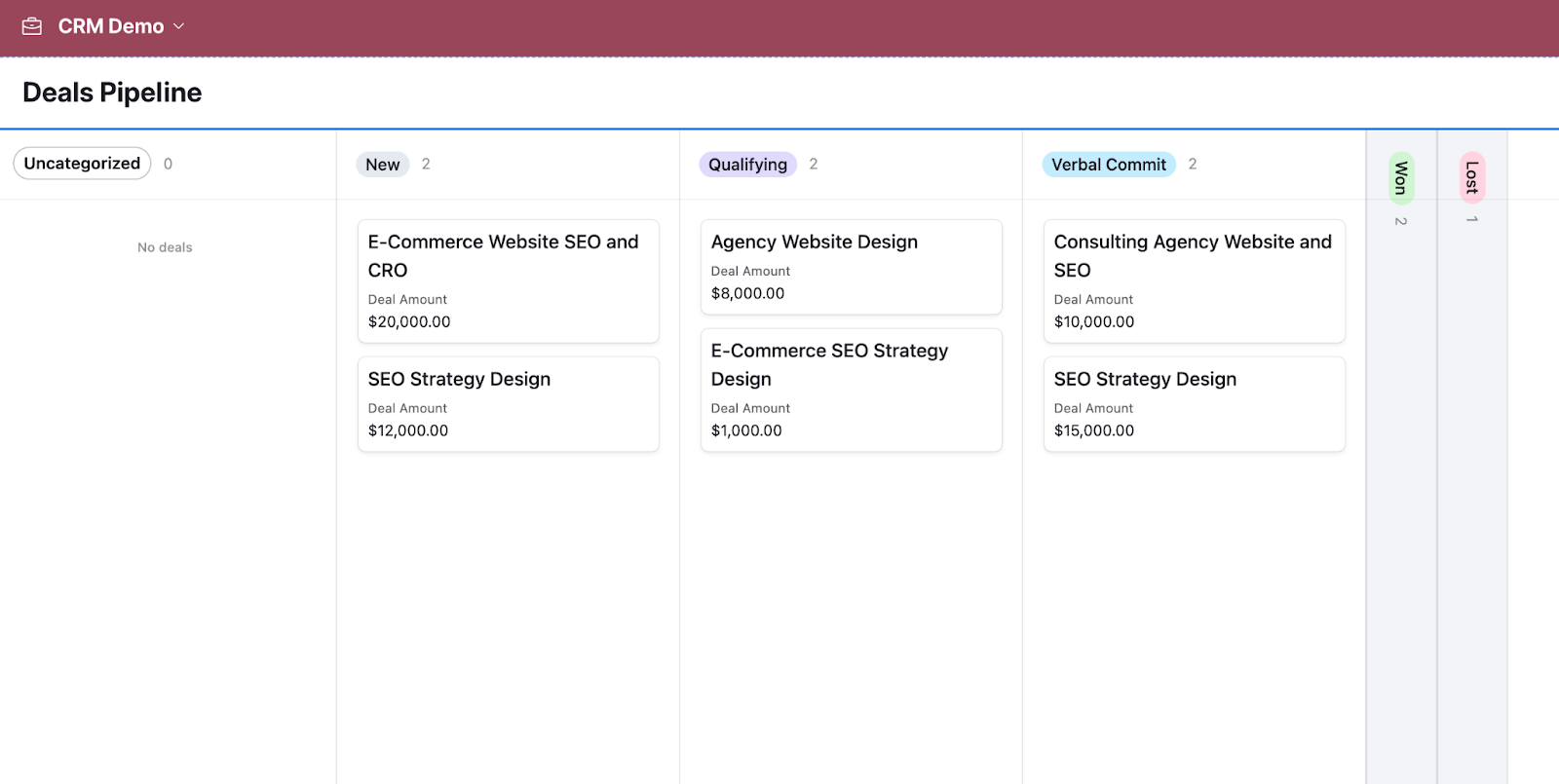 An Airtable app called CRM Demo with an interface called Deals Pipeline in a Kanban layout.