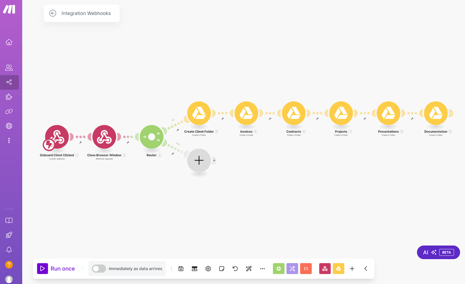 A Make scenario consisting of a custom webhooks module, a webhooks response module, a router module and six modules in Route 1 to create folders in Google Drive.