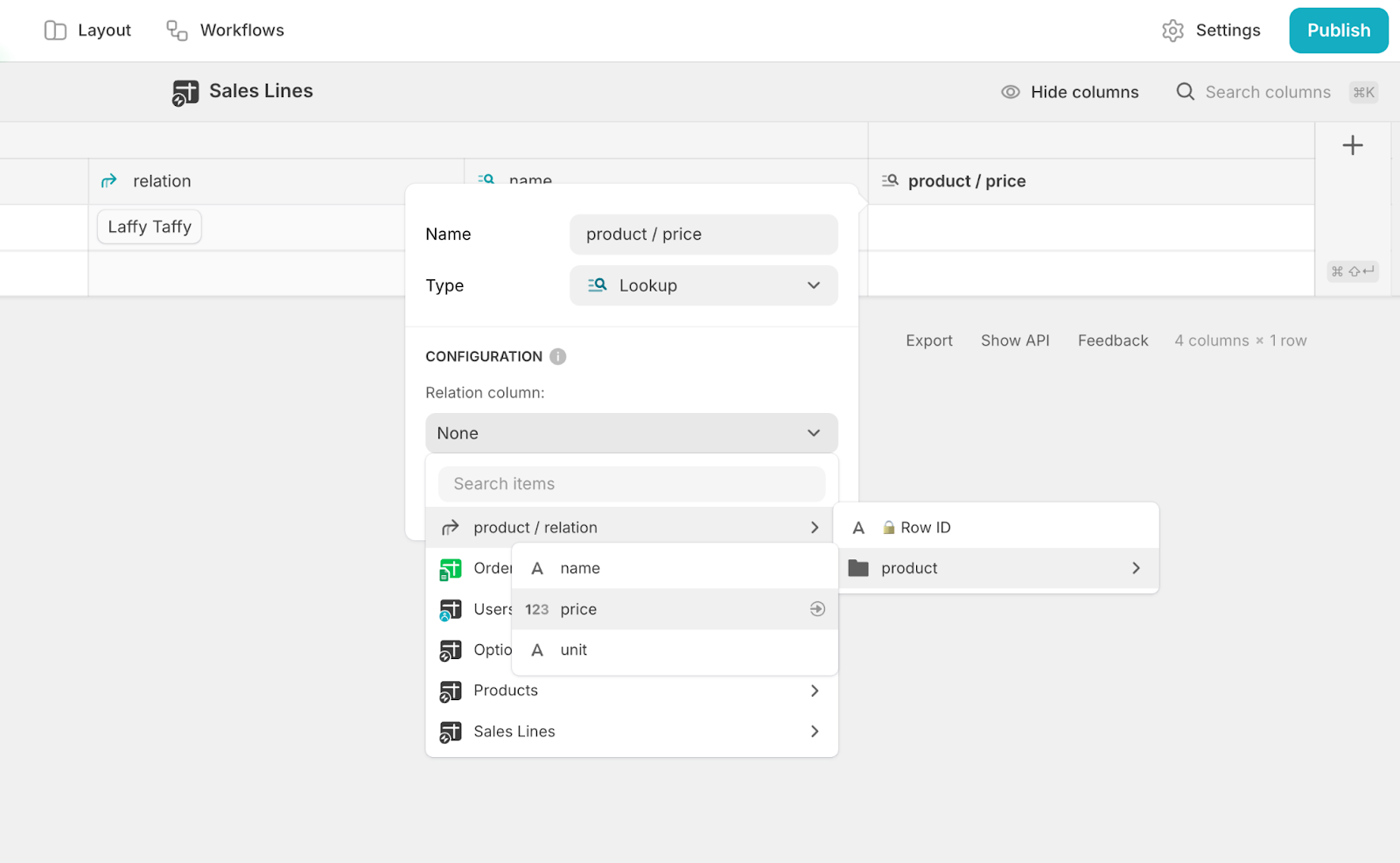 Adding a Lookup column, called product / price, to a Glide table.