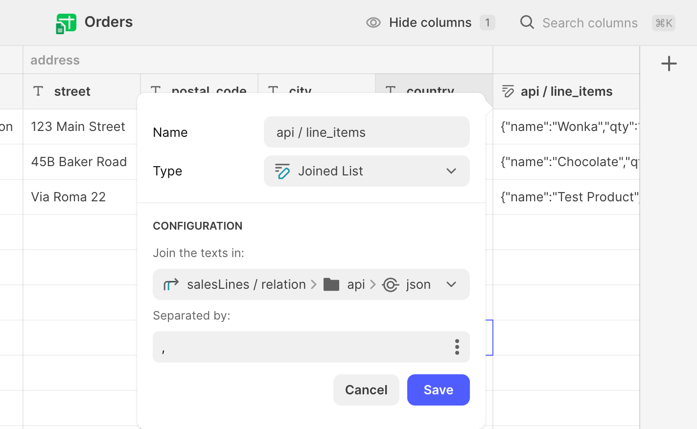 A section of a Glide database, called Orders. The settings for adding a Joined List column, called api / line_items, are open.