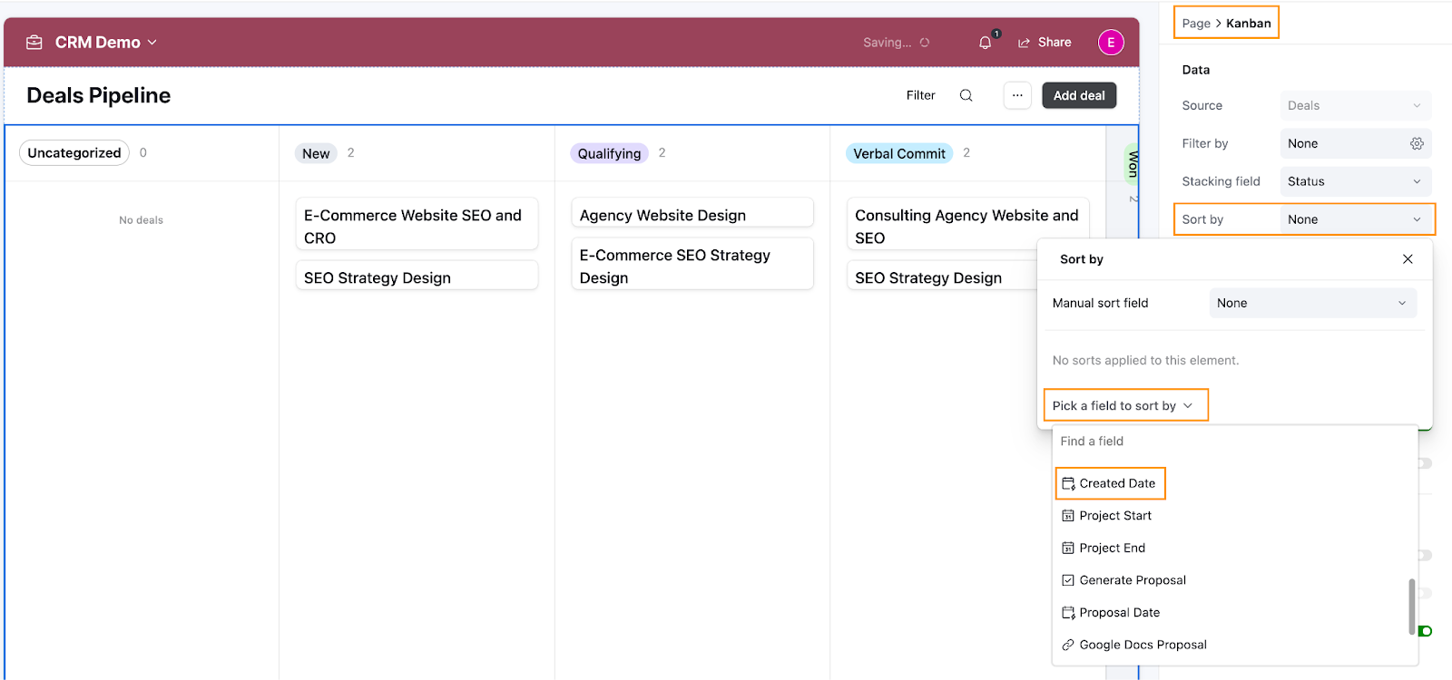 An Airtable space with the Kanban board settings open in the right sidebar. Here the data will be sorted by the date it was created.