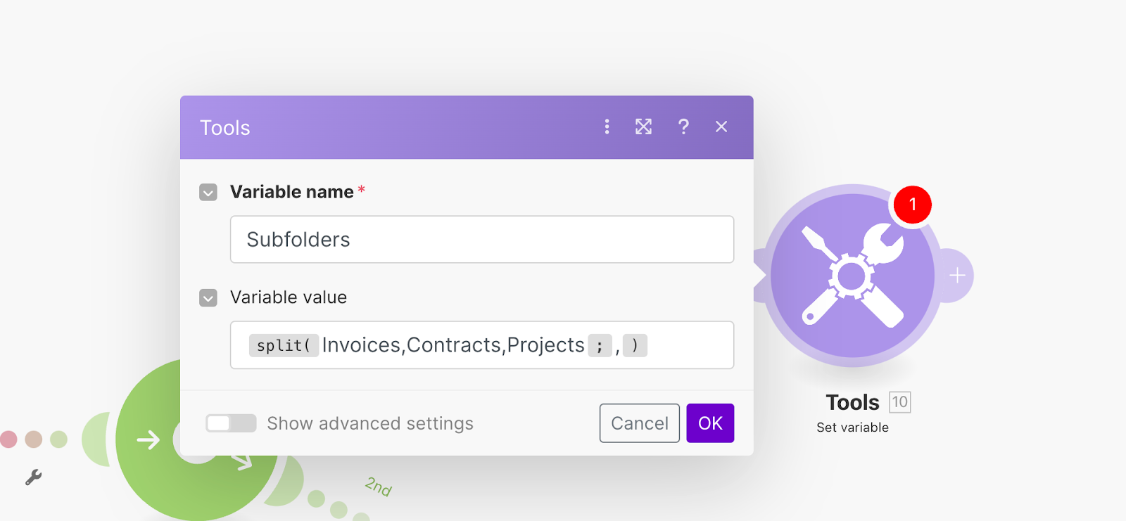 Adding a Set Variable module in Make. Here Variable name has been set as Subfolders and the Variable value set as split( Invoices,Contracts,Projects ; , ).