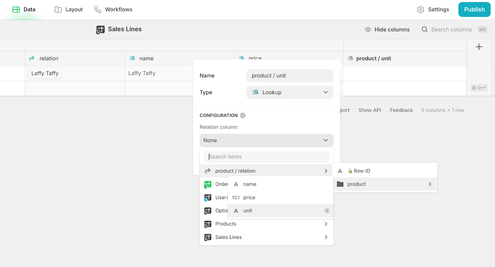 Adding a Lookup column, called product / unit, to a Glide table.