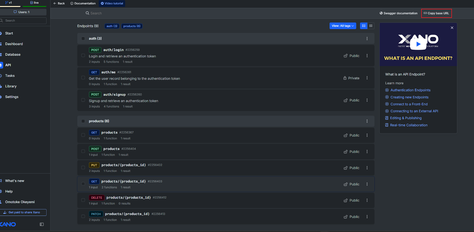 A list of the API Endpoints for a Xano Workspace. The Copy link URL option is highlighted.