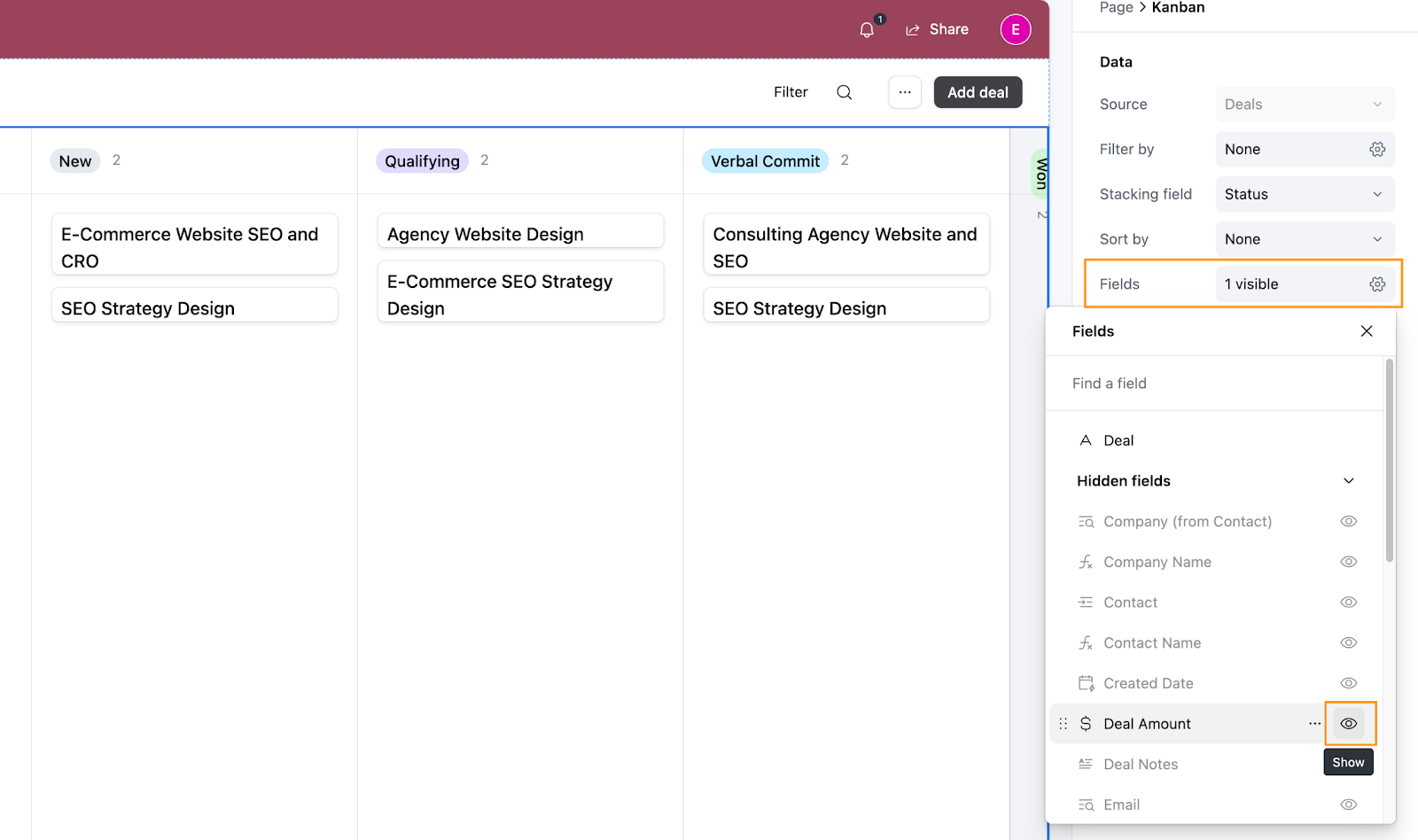 The Fields section of the Kanban settings in Airtable, with options to hide, show or remove fields.