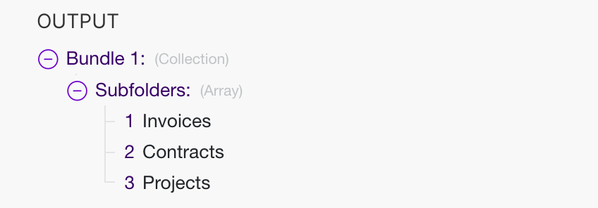 The output of a Set Variable module in Make. Here the array is called Subfolders and the values within the array are Invoices, Contracts, Projects.