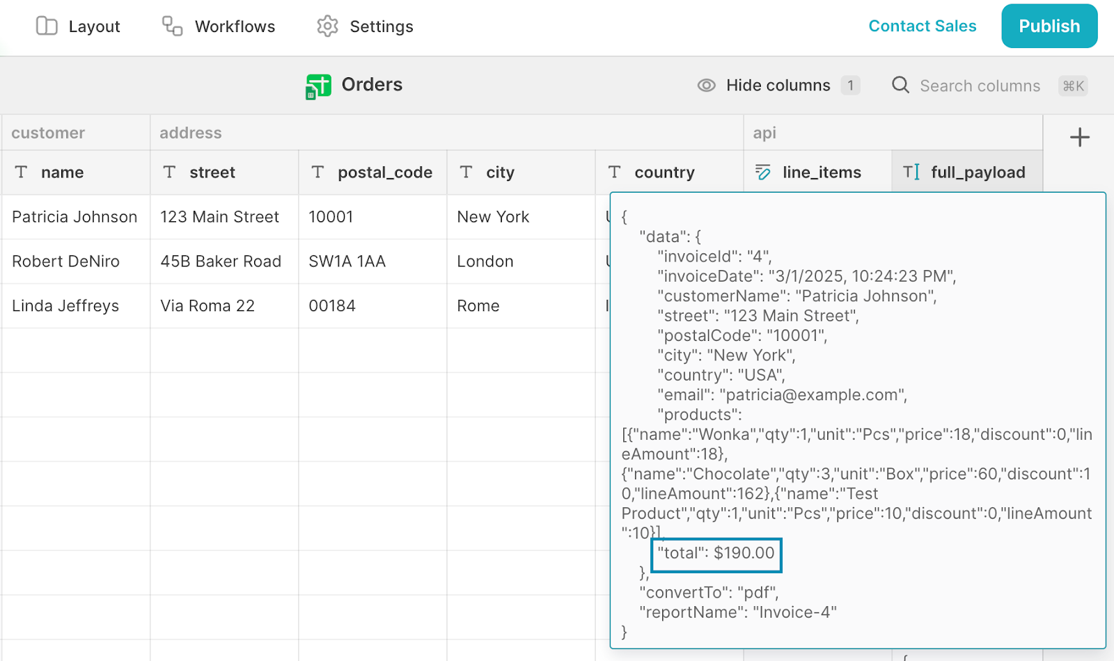 A section of a Glide database, called Orders. On the right side is a box containing JSON which is associated with a JSON Template column, called full_payload. Within the JSON box, the line "total":$190.00 has been highlighted.