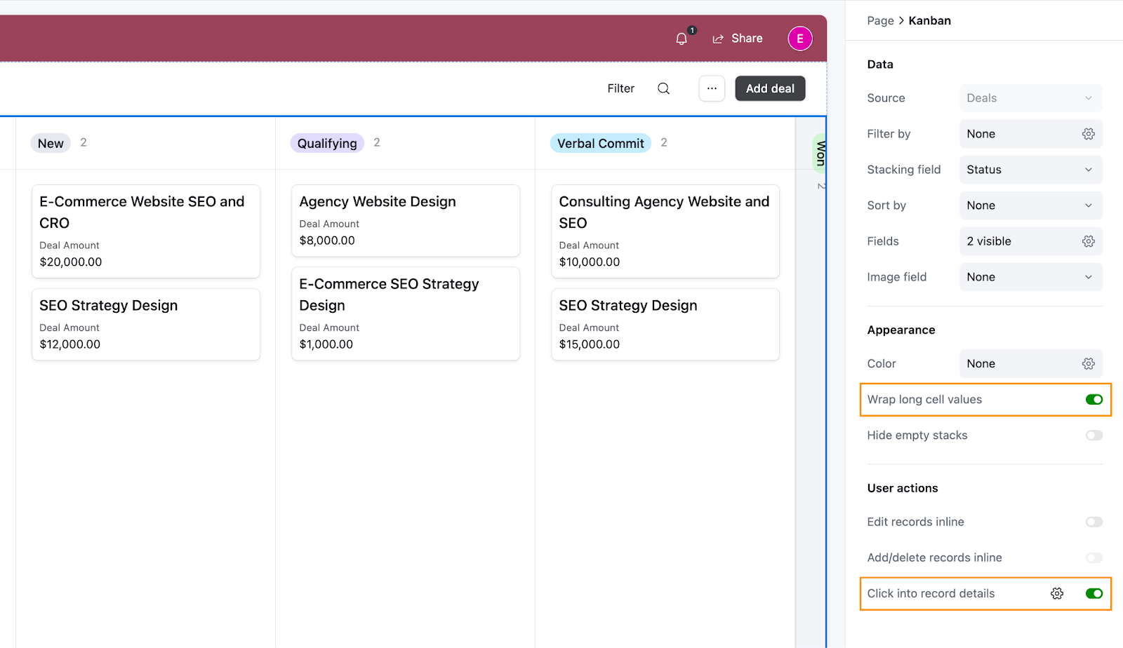 Kanban settings in Airtable with the following toggled on: Wrap long cell values and Click into record details.
