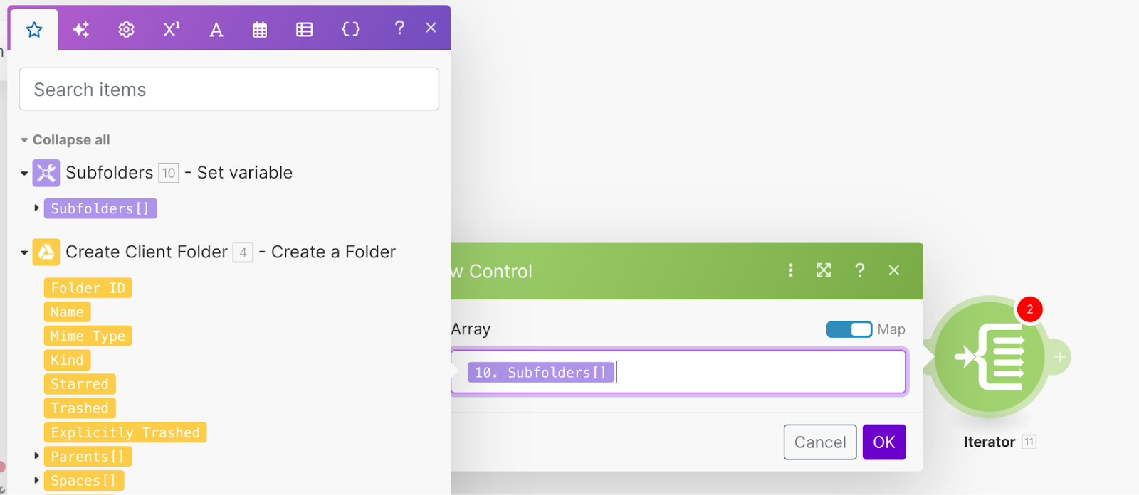 How to add an Iterator module in Make. Here a variable called Subfolders has been entered in the Array field.