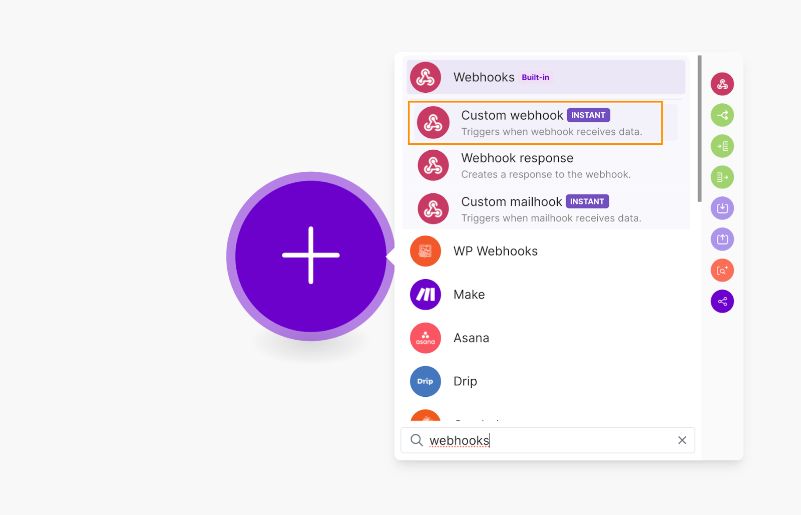How to add a Custom webhook in the Make scenario builder.