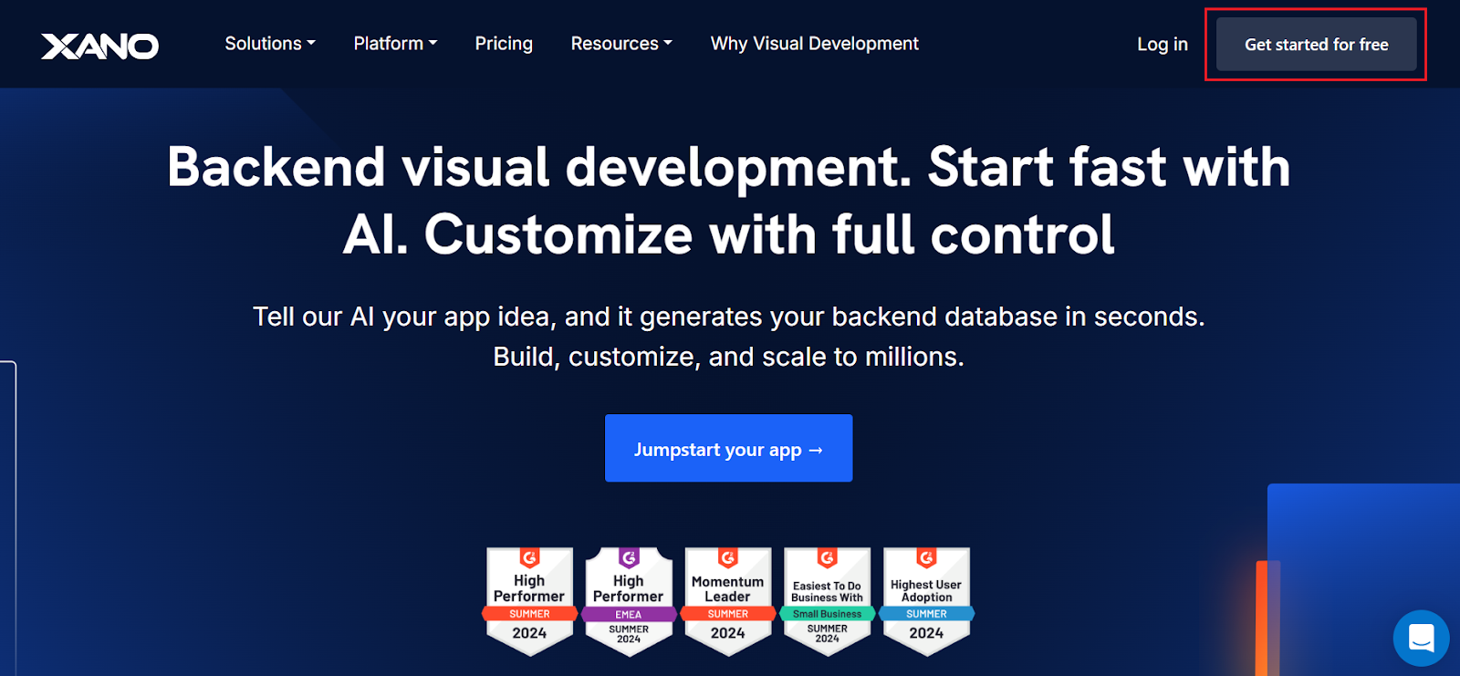 Xano homepage. The Get started for free button is highlighted.