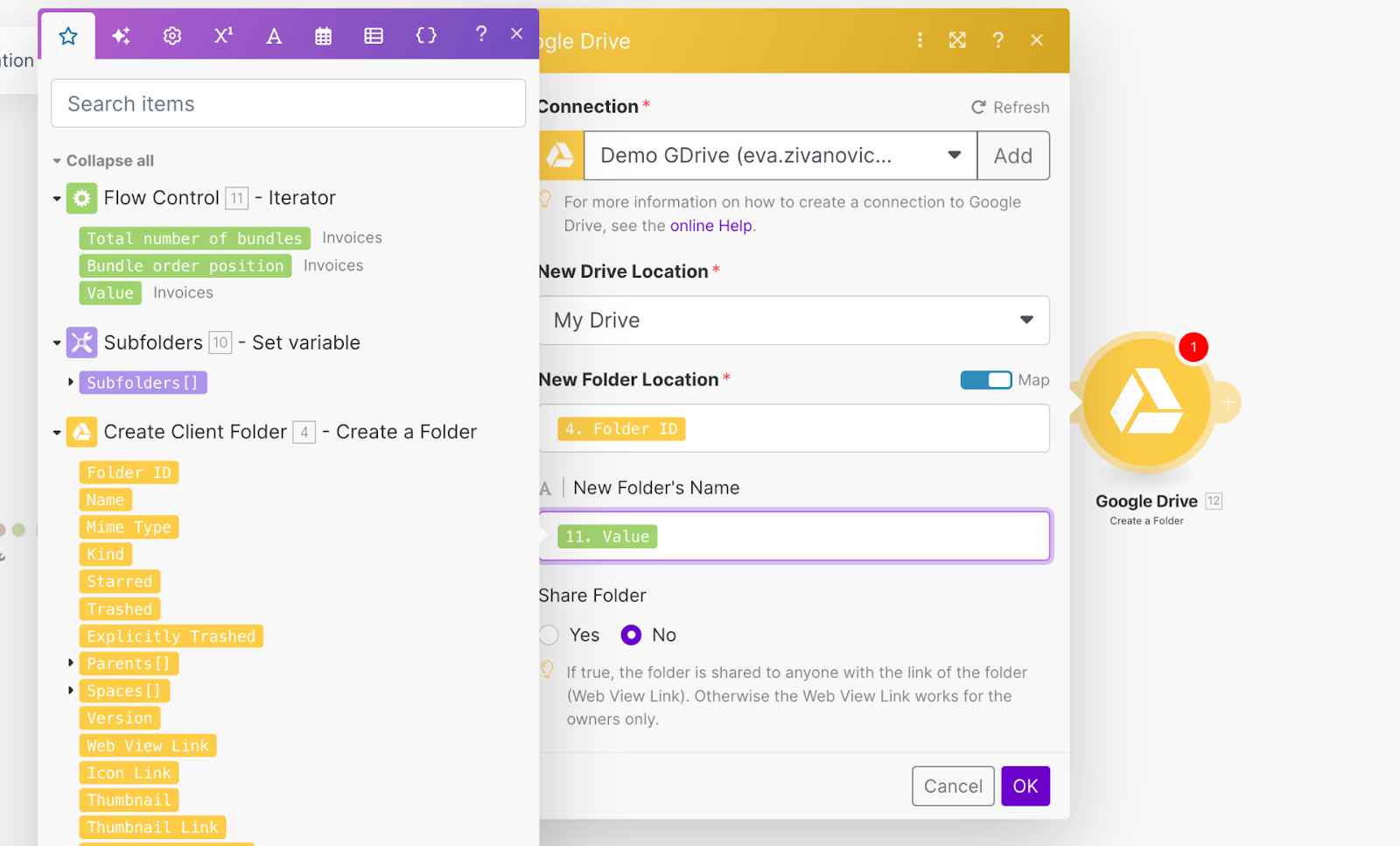 How to configure a module in Make to create a folder with subfolders in Google Drive.