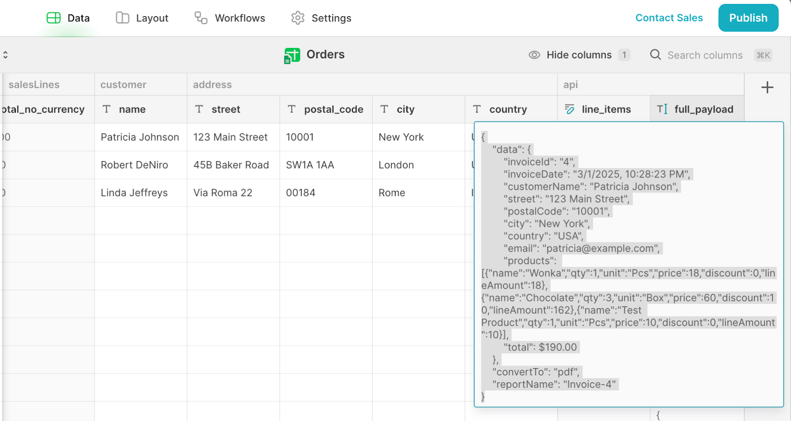 A section of a Glide database, called Orders. On the right side is a box containing JSON which is associated with a JSON Template column, called full_payload. The entire contents of the box have been selected.