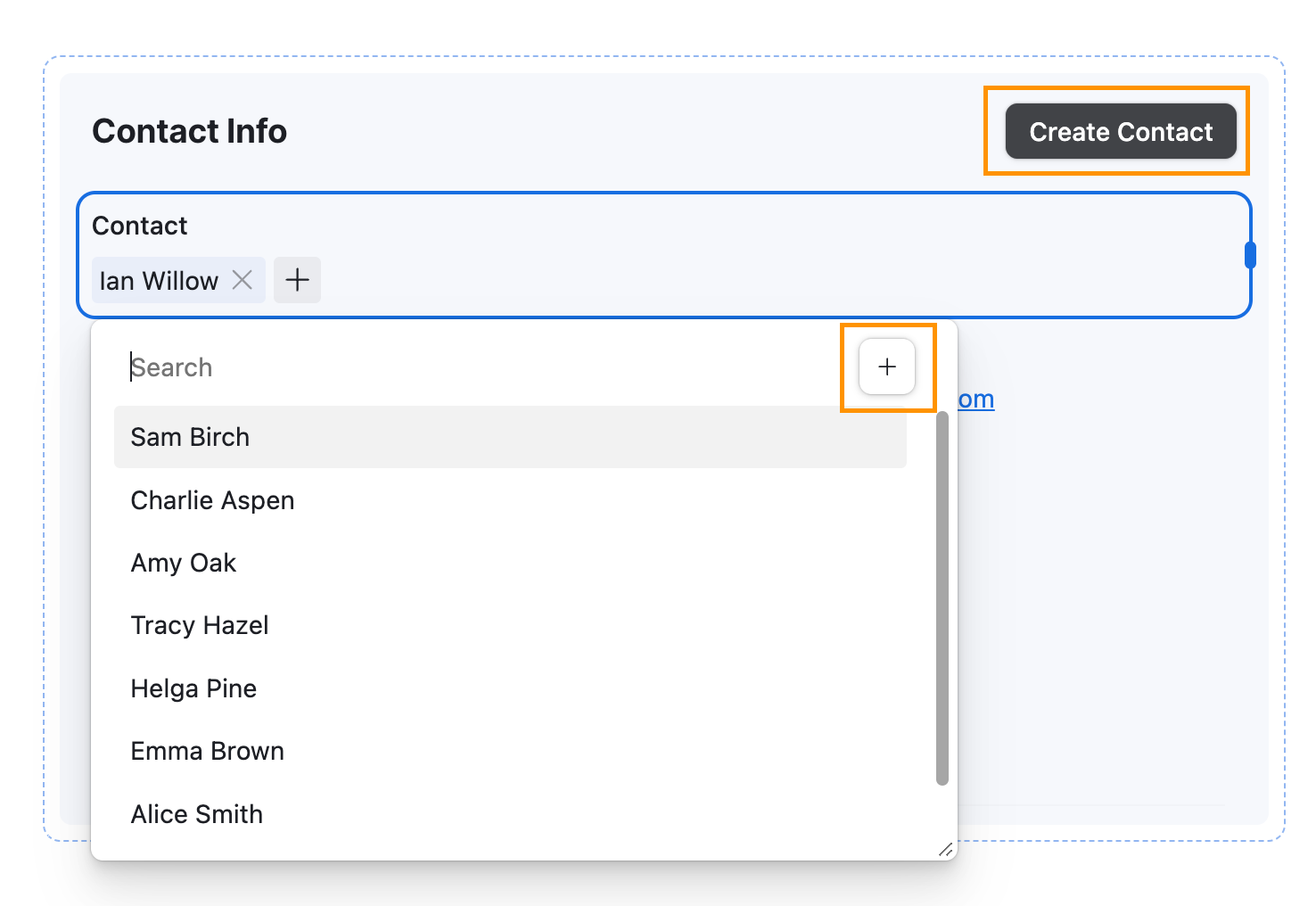 An Airtable element for searching contacts and a button called Create Contact.