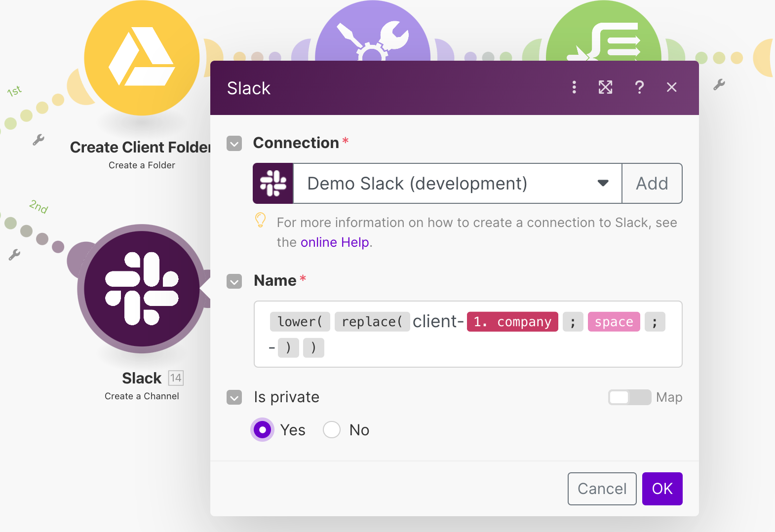 Configuration modal for the Make module which creates a channel in Slack.