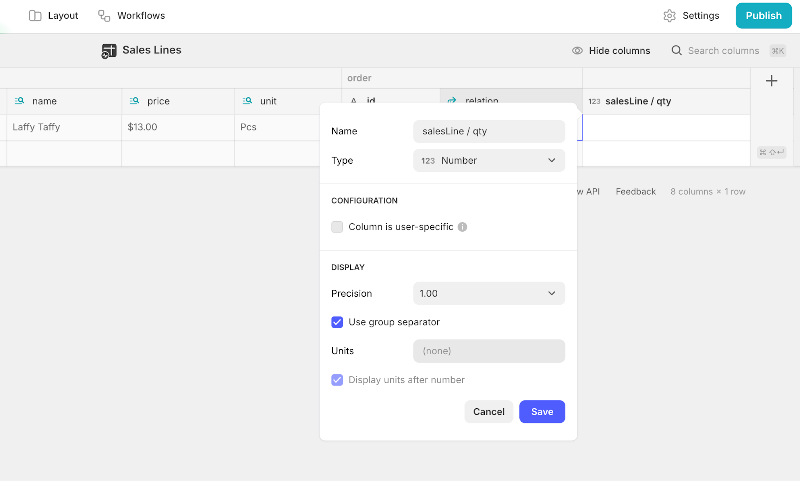 Adding a Number column, named qty, to a Glide table called Sales Lines.