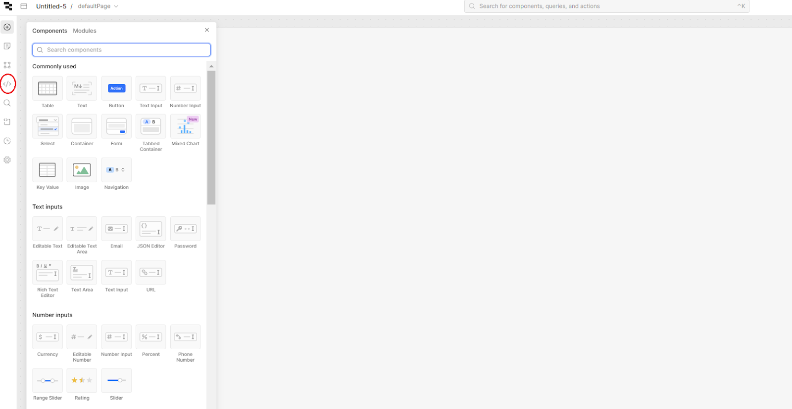 An empty Retool canvas with the Components tree open. The code (</>) option in the left side bar has been highlighted.