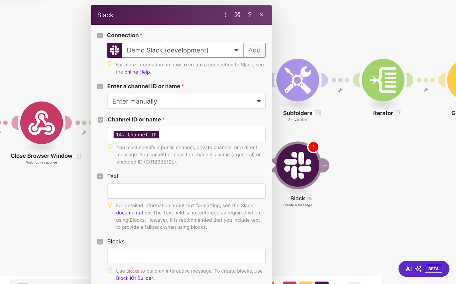 Configuration modal for the module in Make which creates a Slack message.