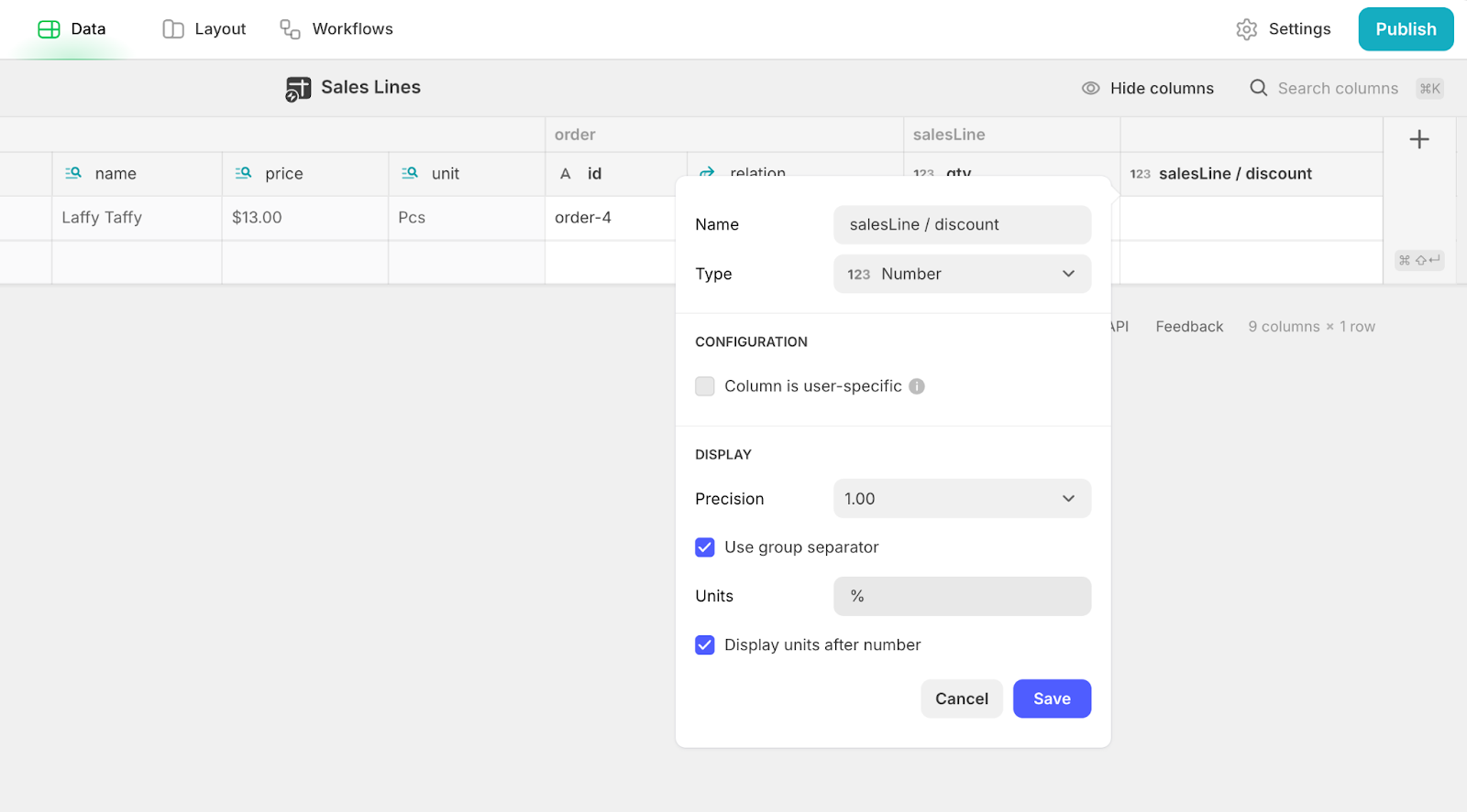 Adding a Number column, named discount, to a Glide table. Precision is set at 1.00 and Units is %.