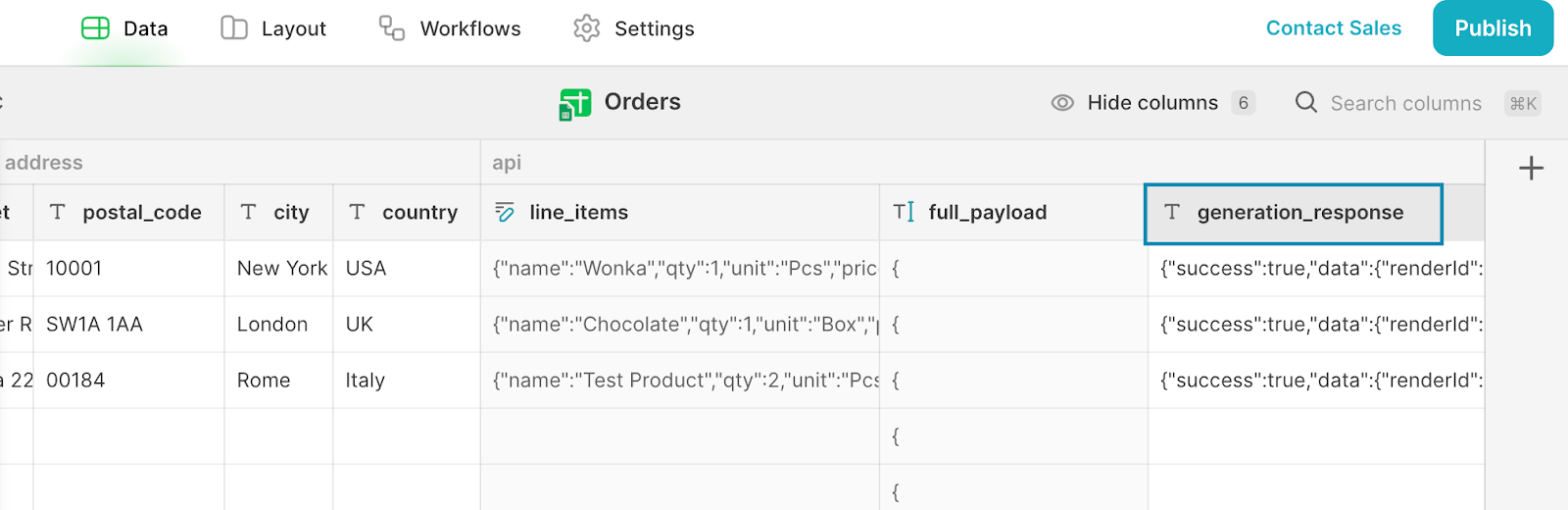 A section of a Glide database, called Orders. A Text column, entitled generation_response, has been highlighted.