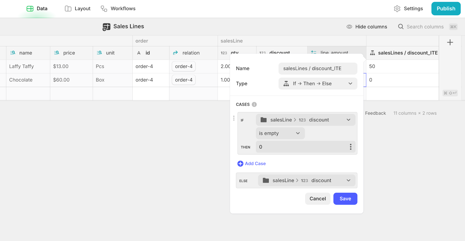 Adding an If-Then-Else column, called discount_ITE, to a Glide table.