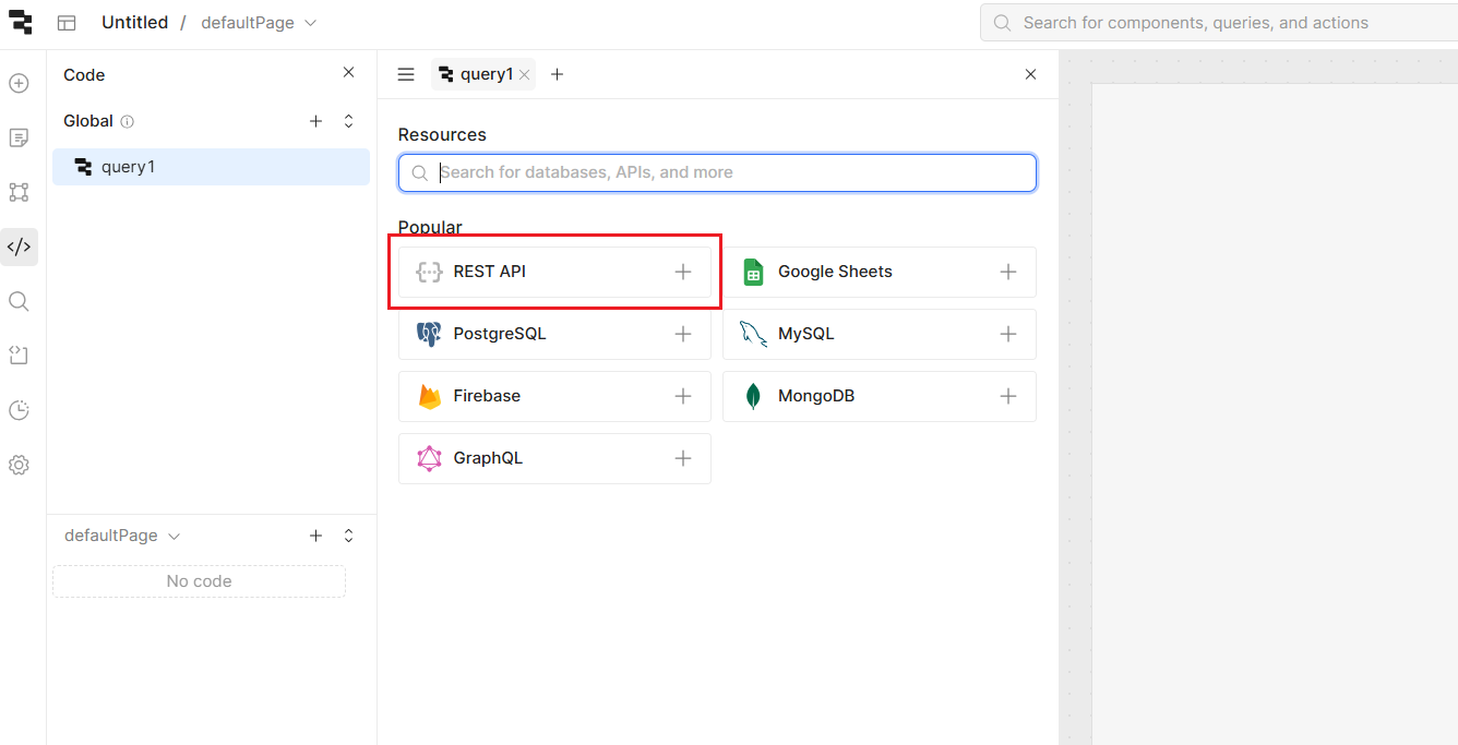 A list of Popular Resources available when adding a Resource query in Retool. Here REST API has been highlighted.