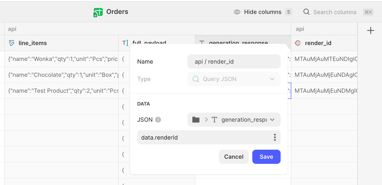A section of a Glide database, called Orders. The settings box for a Template column, called render_id, is shown.