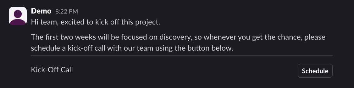 Demo welcome message sent to Slack via the Slack Block Kit Builder.