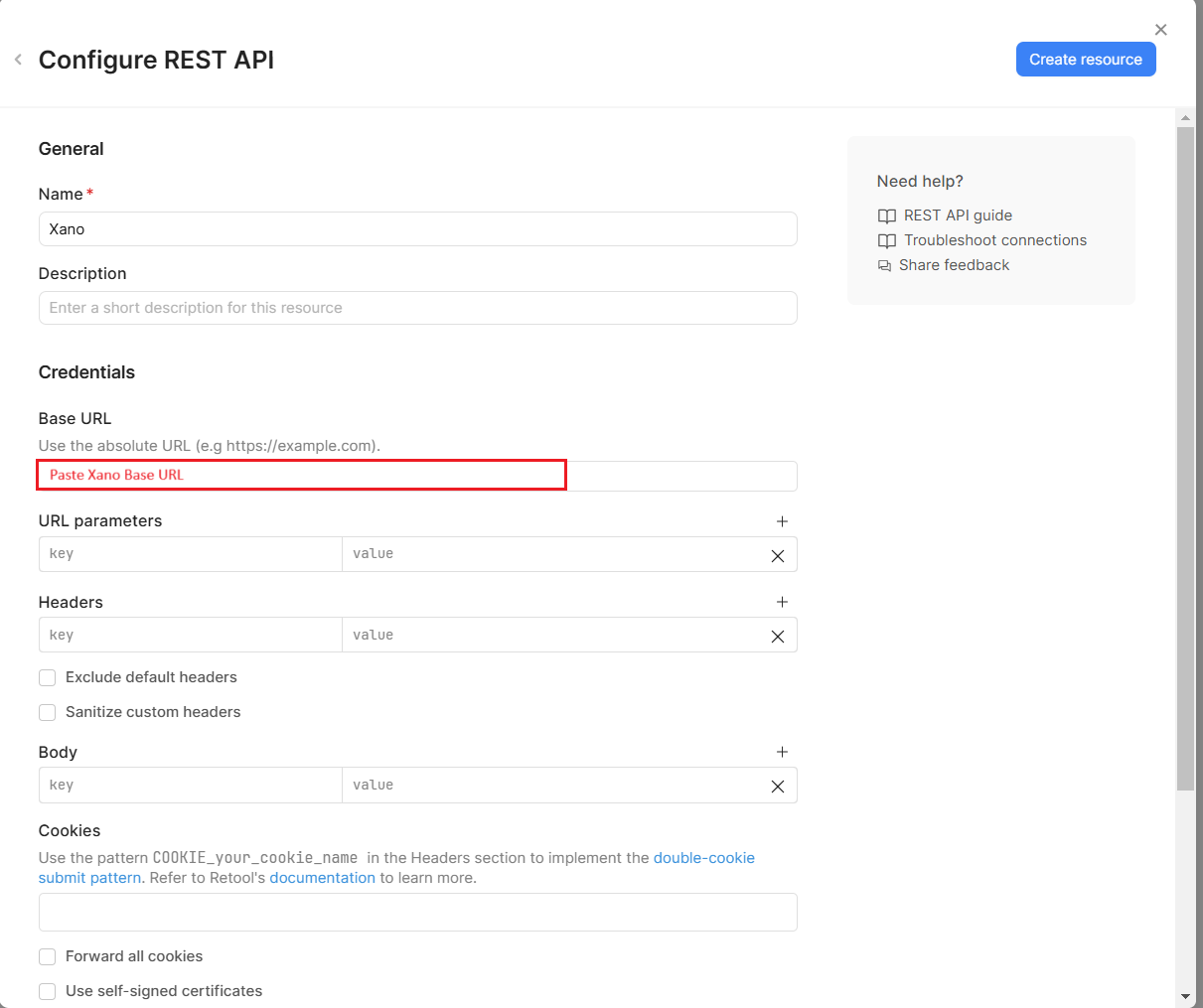 Configuration page for REST APIs in Retool.