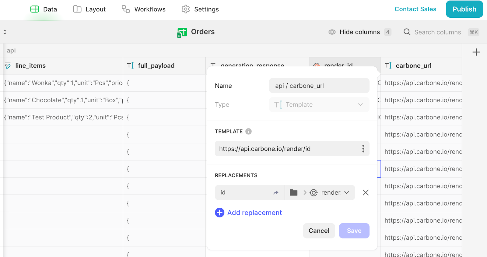 A section of a Glide database, called Orders. The settings box for a Template column, called carbone_url, is shown.
