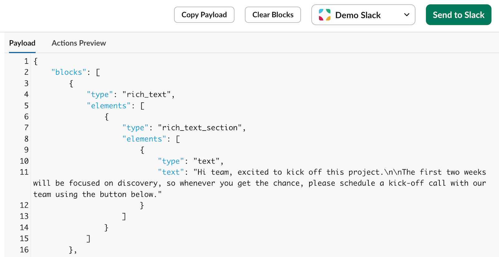 The Payload frame from Slack Block Kit Builder containing code for formatting a welcome message.