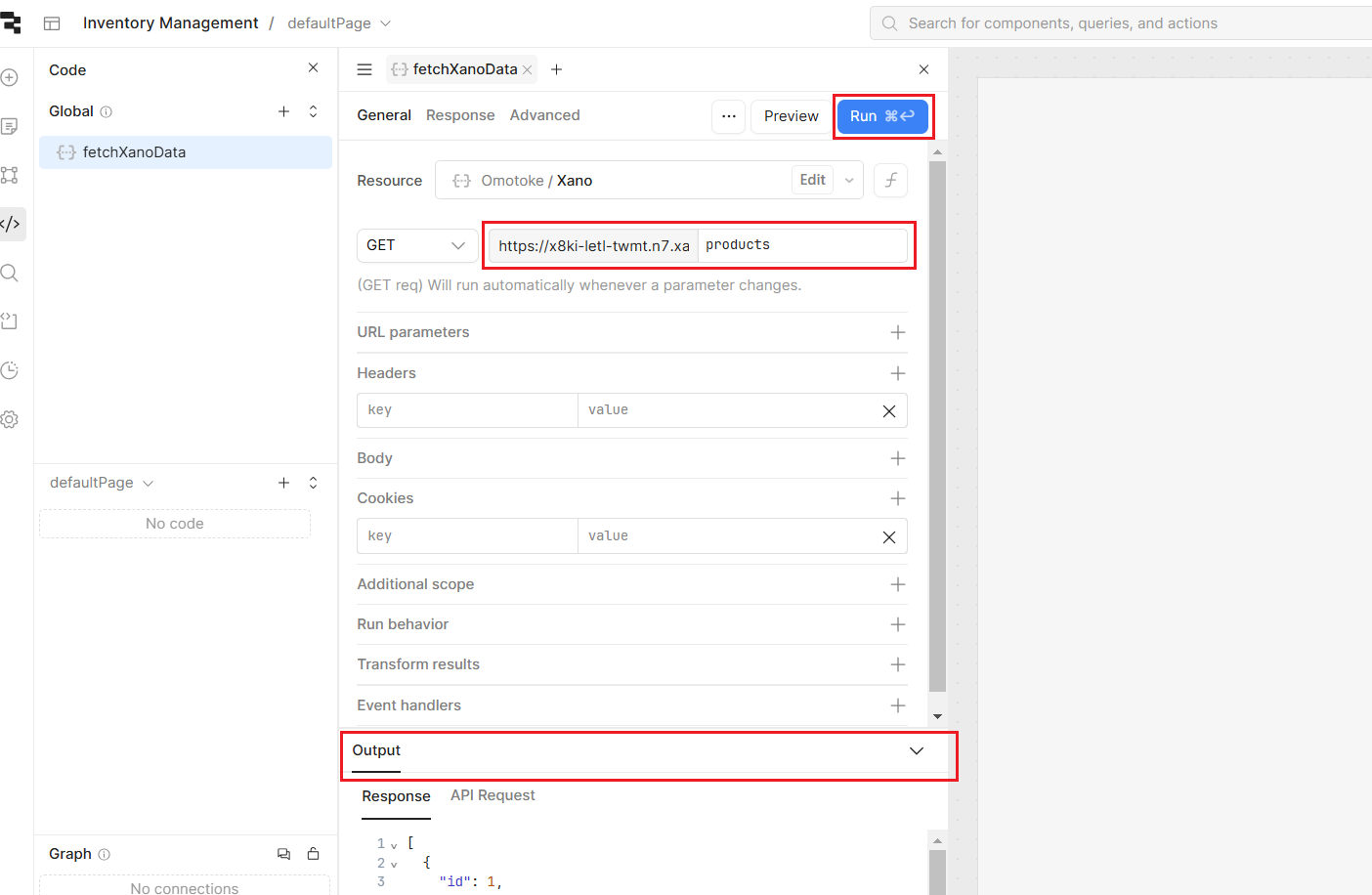 The General settings for a Resources query, called fetchXanoData, in Retool.