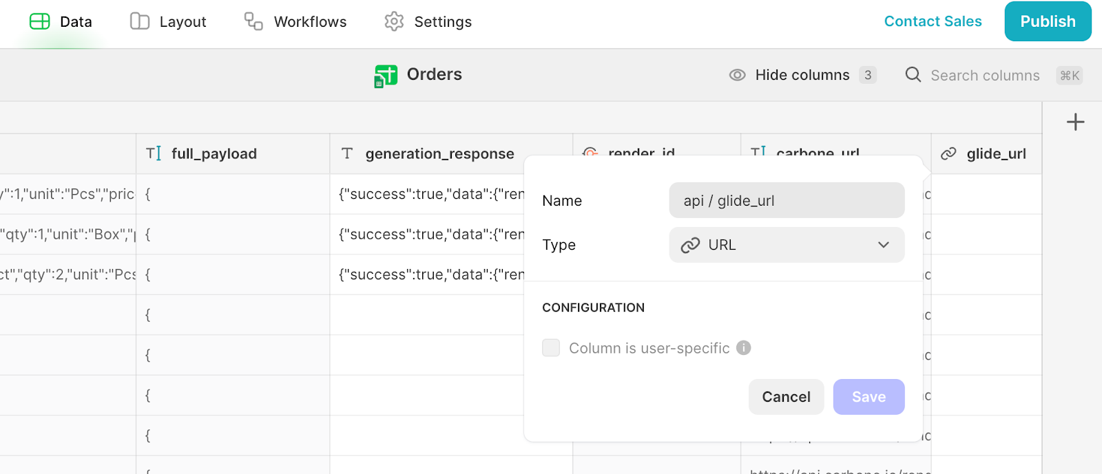 A section of a Glide database, called Orders. The settings box for a URL column, called glide_url, is shown.