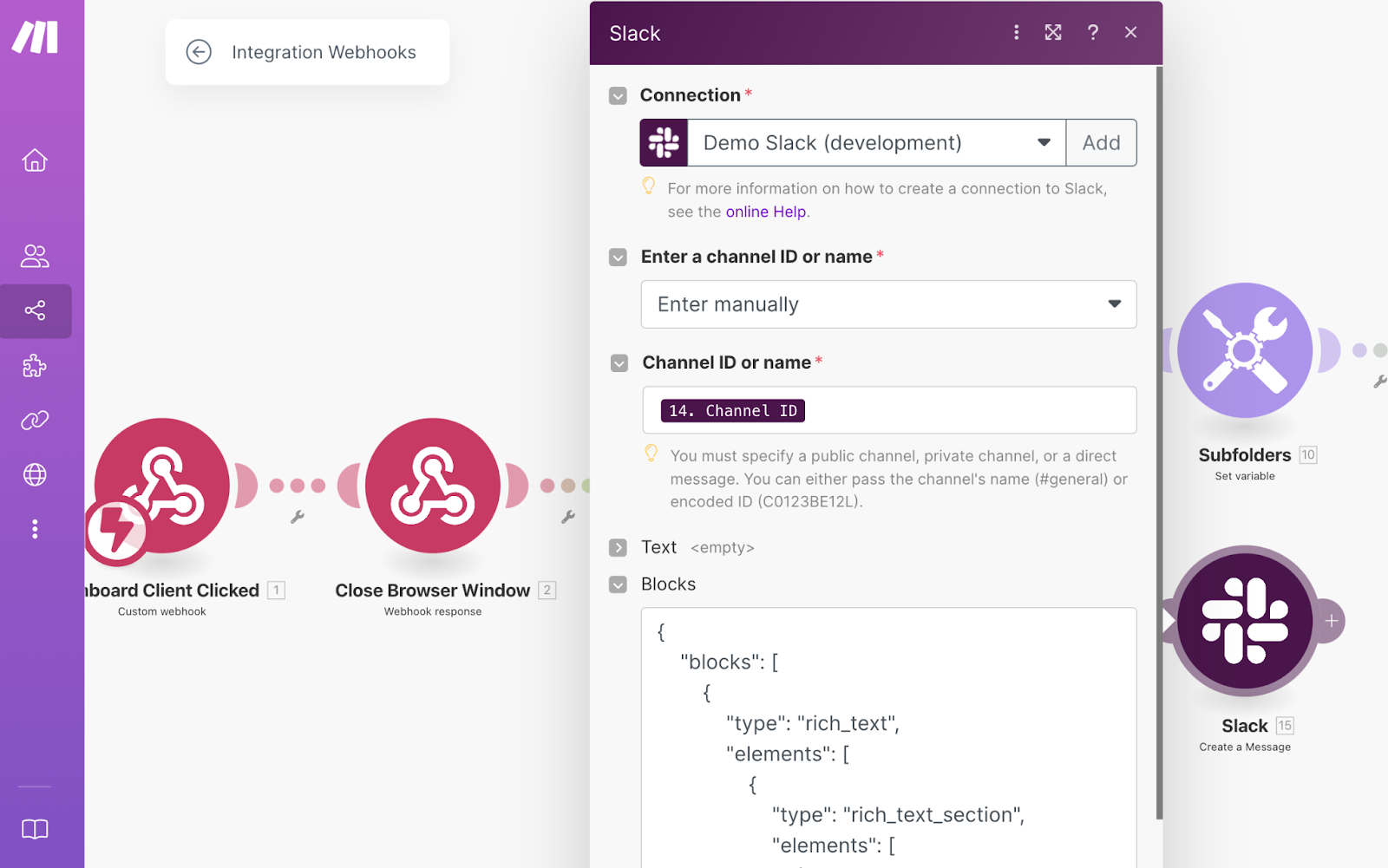 Configuration modal for the module in Make which will create a Slack message.