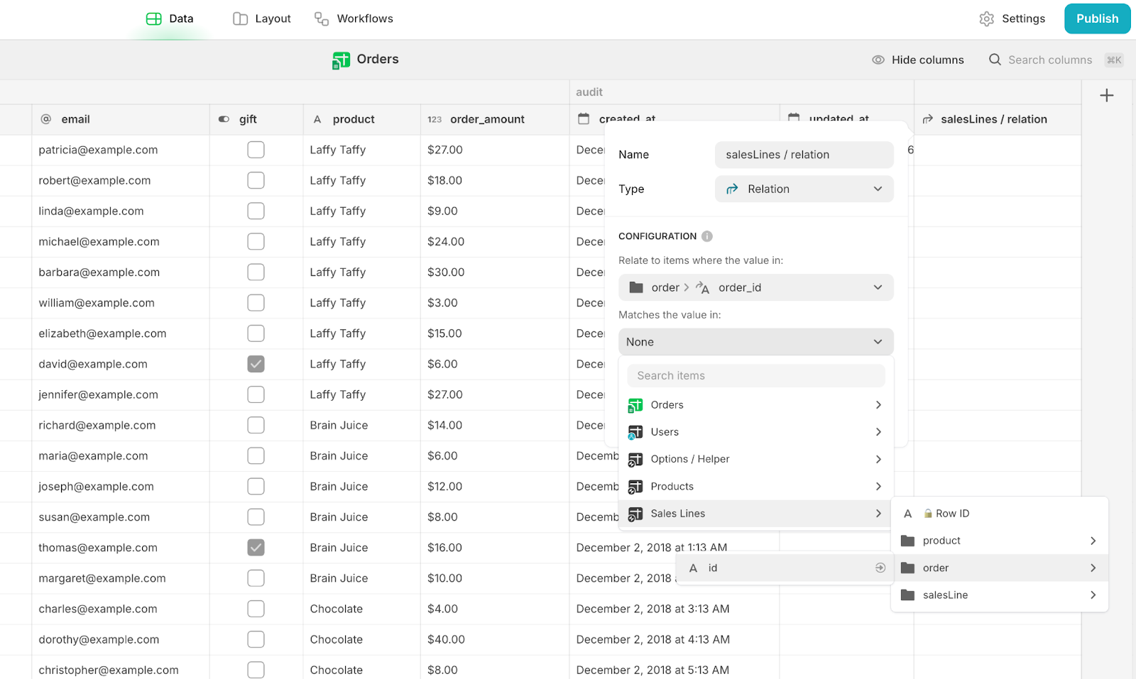 Adding a Relation column to an Orders database in Glide.